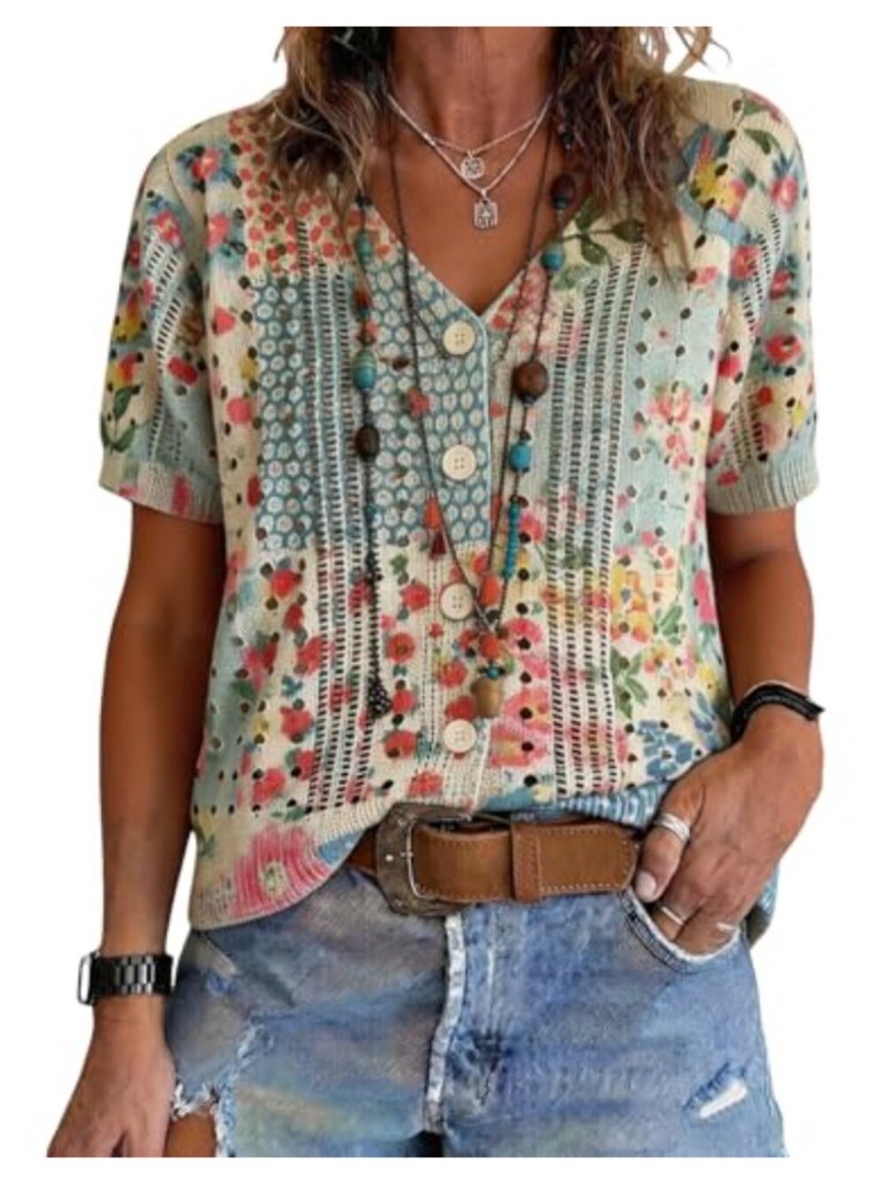 Womens Short Sleeve Pointelle Cardigan Sweater Floral Lightweight Knit Summer